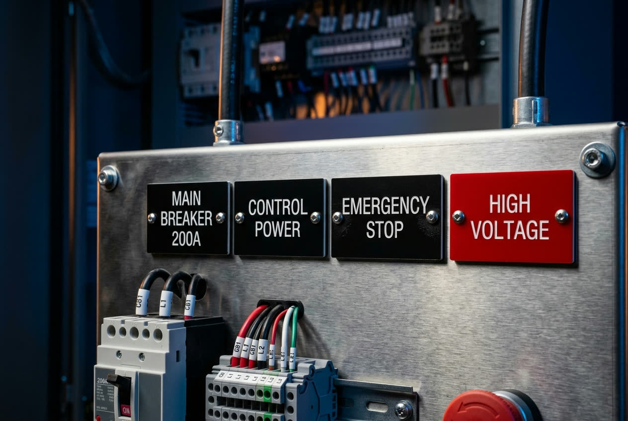 Engraved Lamacoid panel labels including main breaker, control power, emergency stop, and high voltage warning on an industrial electrical panel