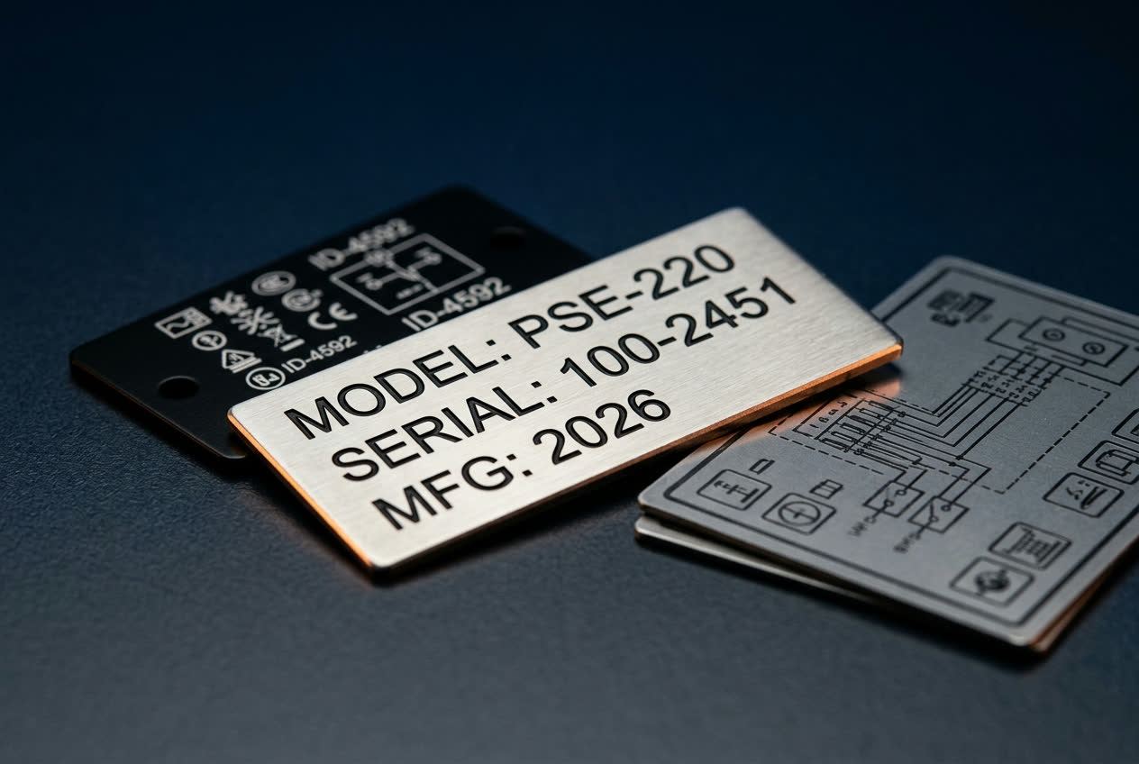 Stainless steel, anodized aluminum, and Metalphoto data plates with engraved model and serial number information