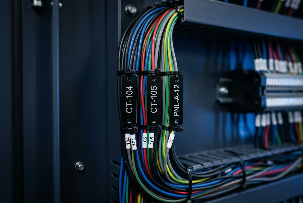 Multi-colored cable bundle in an industrial control panel with engraved Lamacoid cable identification tags