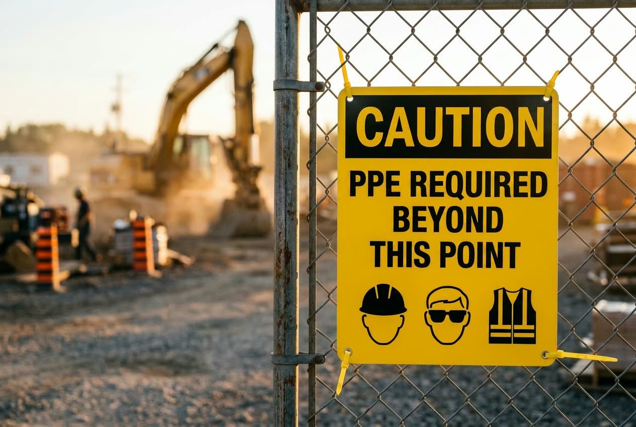 PPE required caution sign mounted on a chain link fence at a clean Canadian commercial construction site