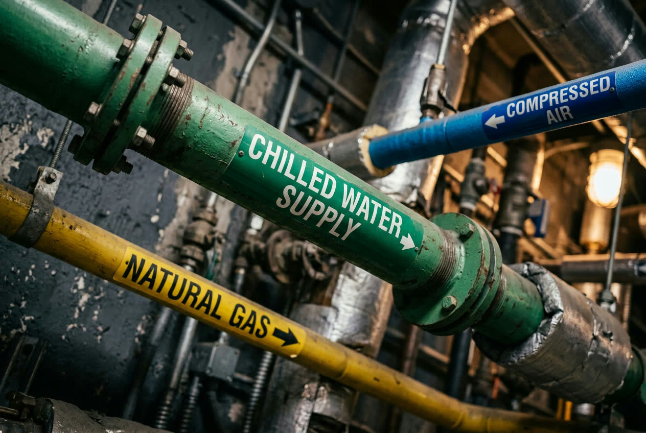 Color-coded ANSI/ASME A13.1 pipe markers including chilled water supply, natural gas, and compressed air in a mechanical room