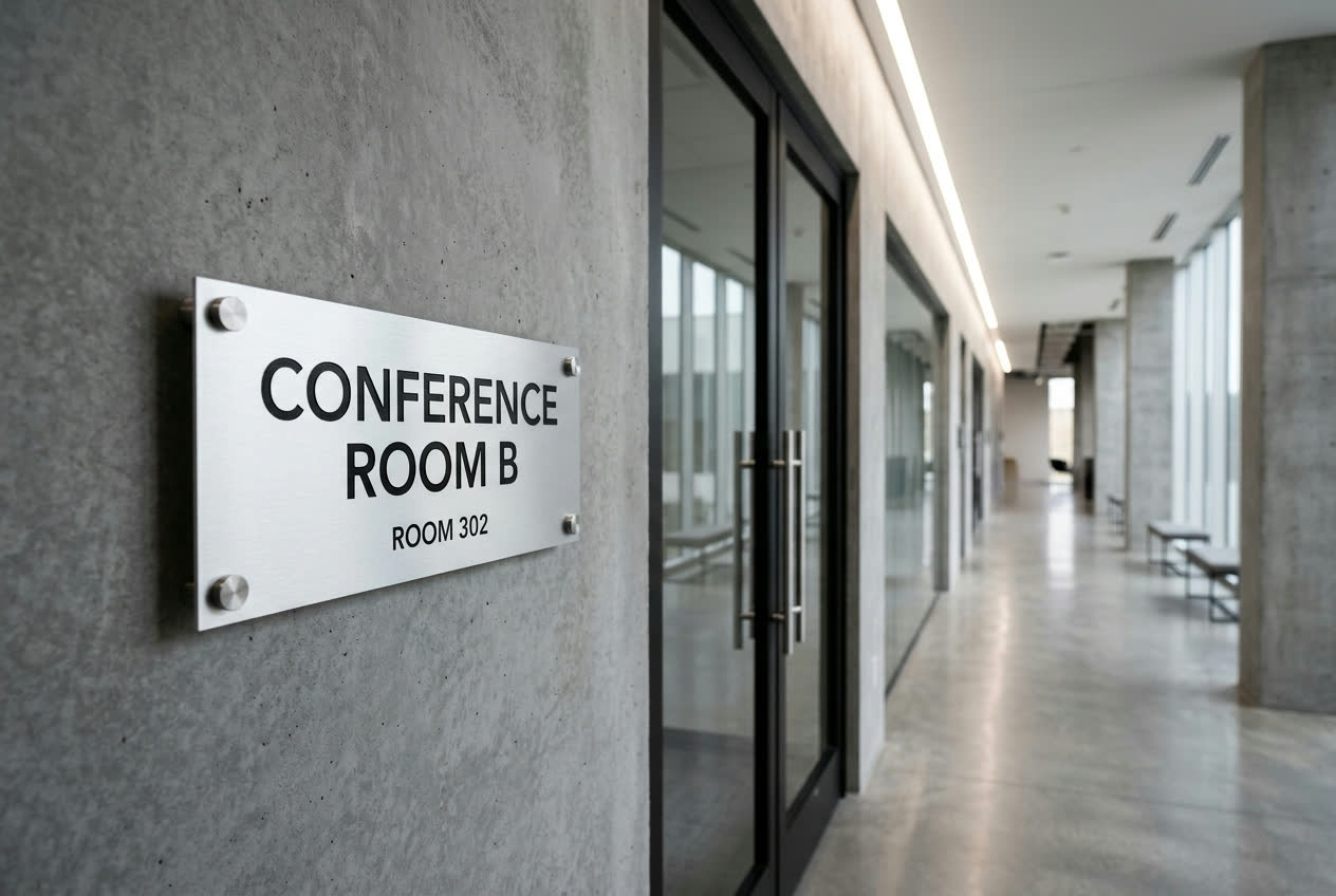 Engraved aluminum Conference Room B wayfinding sign with standoff hardware in a modern commercial corridor