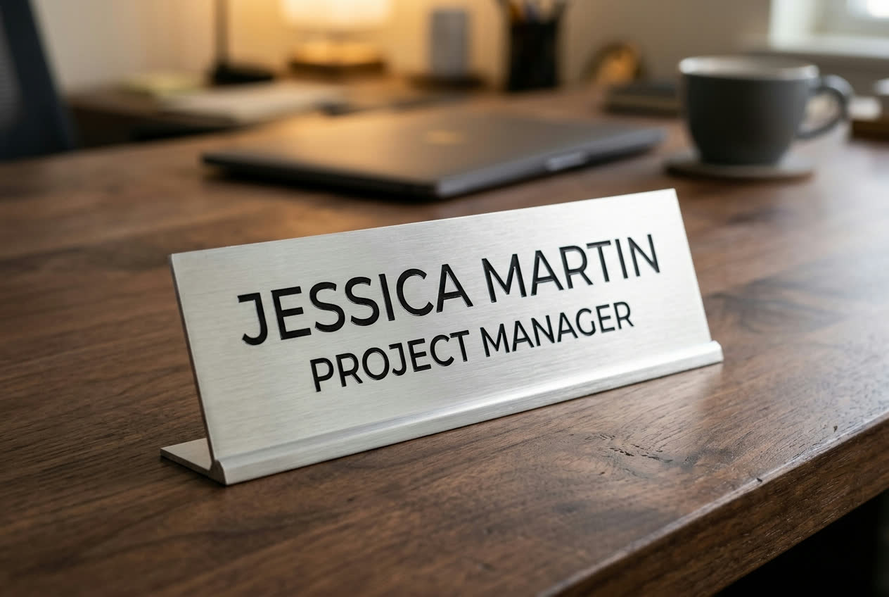 Premium brushed aluminum desk nameplate with deep-engraved black-filled text on a dark wooden desk
